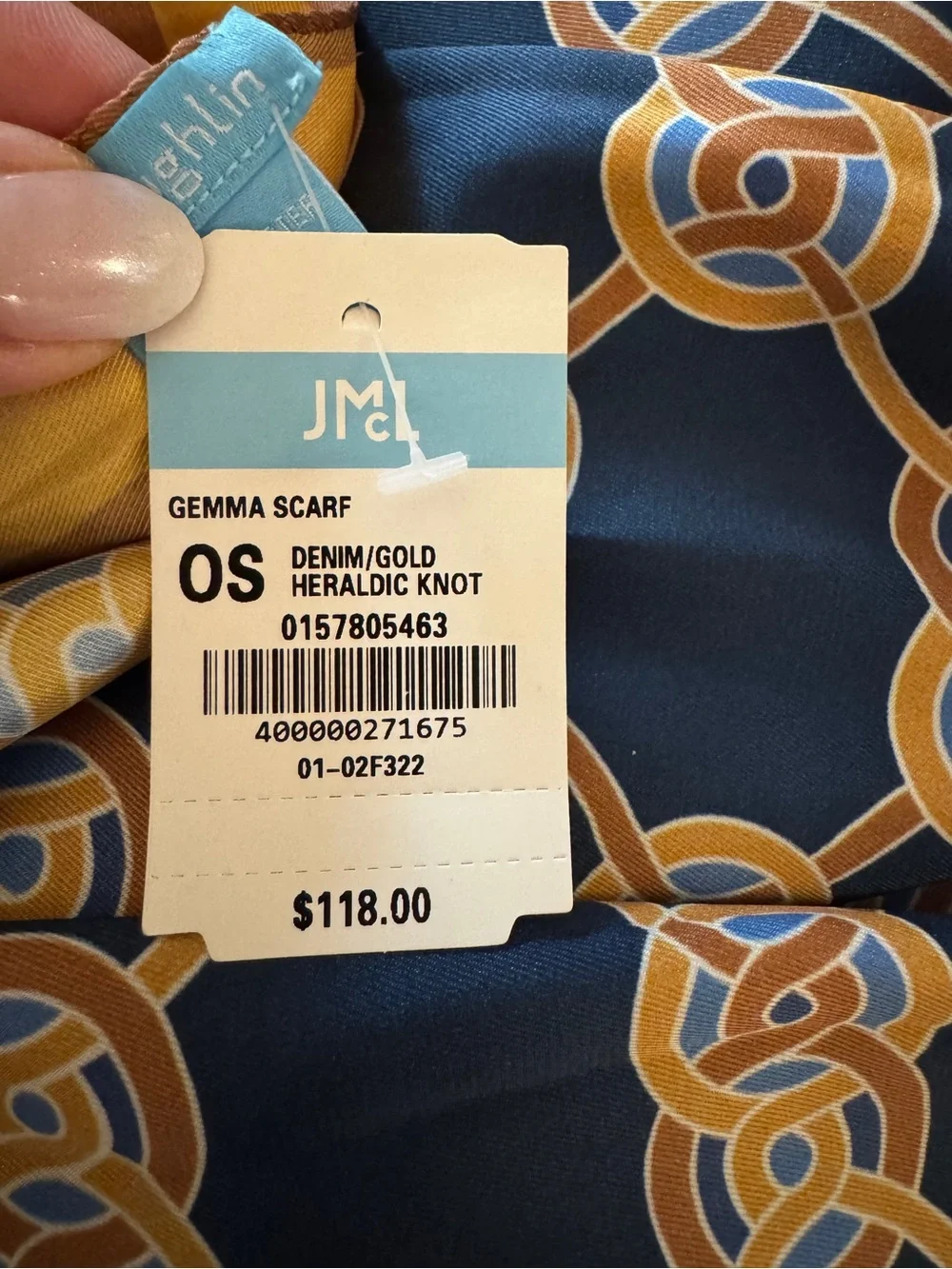 J. McLaughlin Navy and Mustard Chain Link Silk Scarf Gold Heraldic Knit